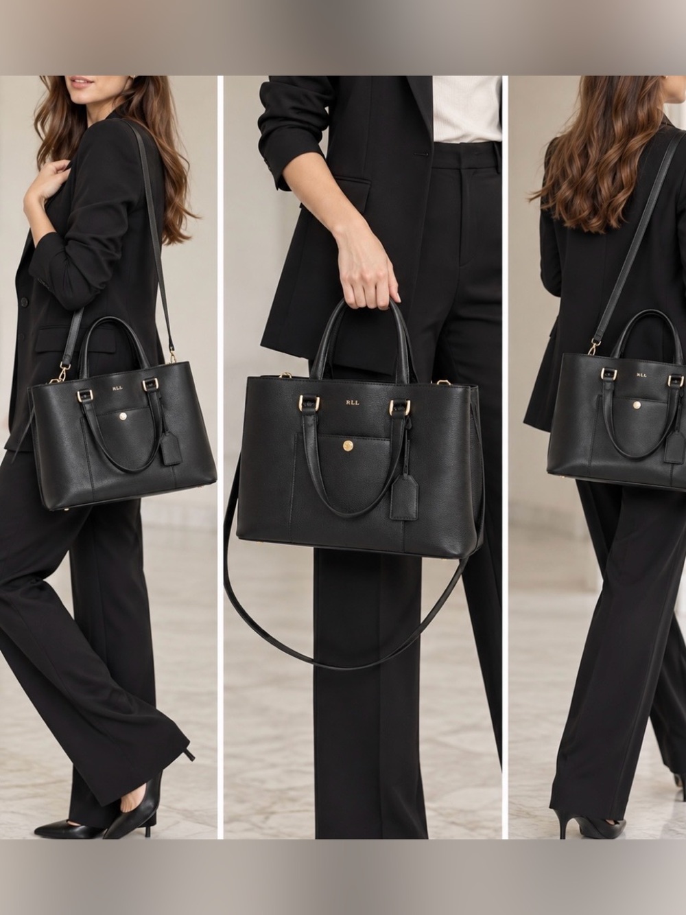 Lauren Ralph Lauren Black Structured Leather Tote with Removable Strap